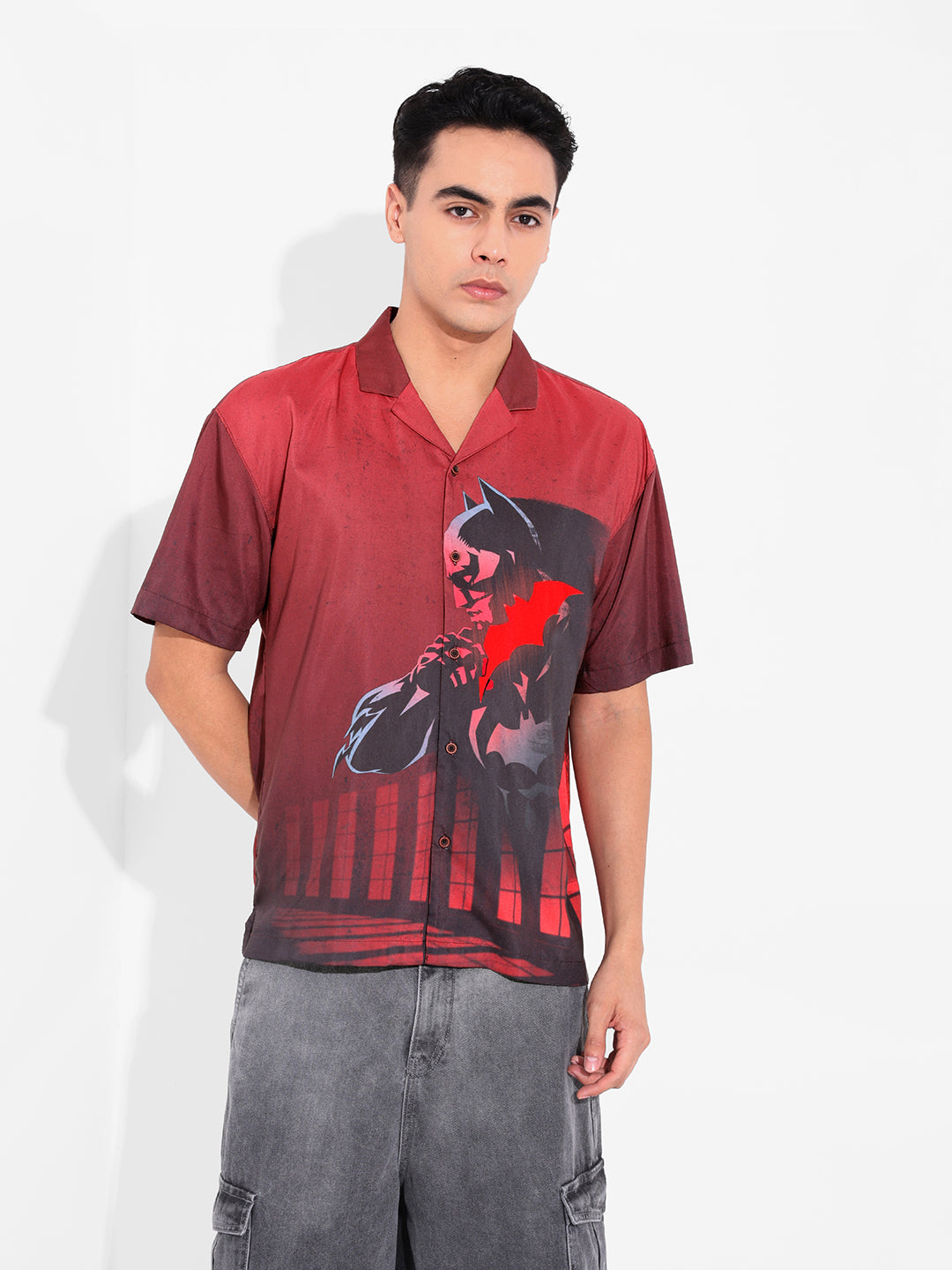 Men's Red Relaxed Fit Batman Character Printed Shirt