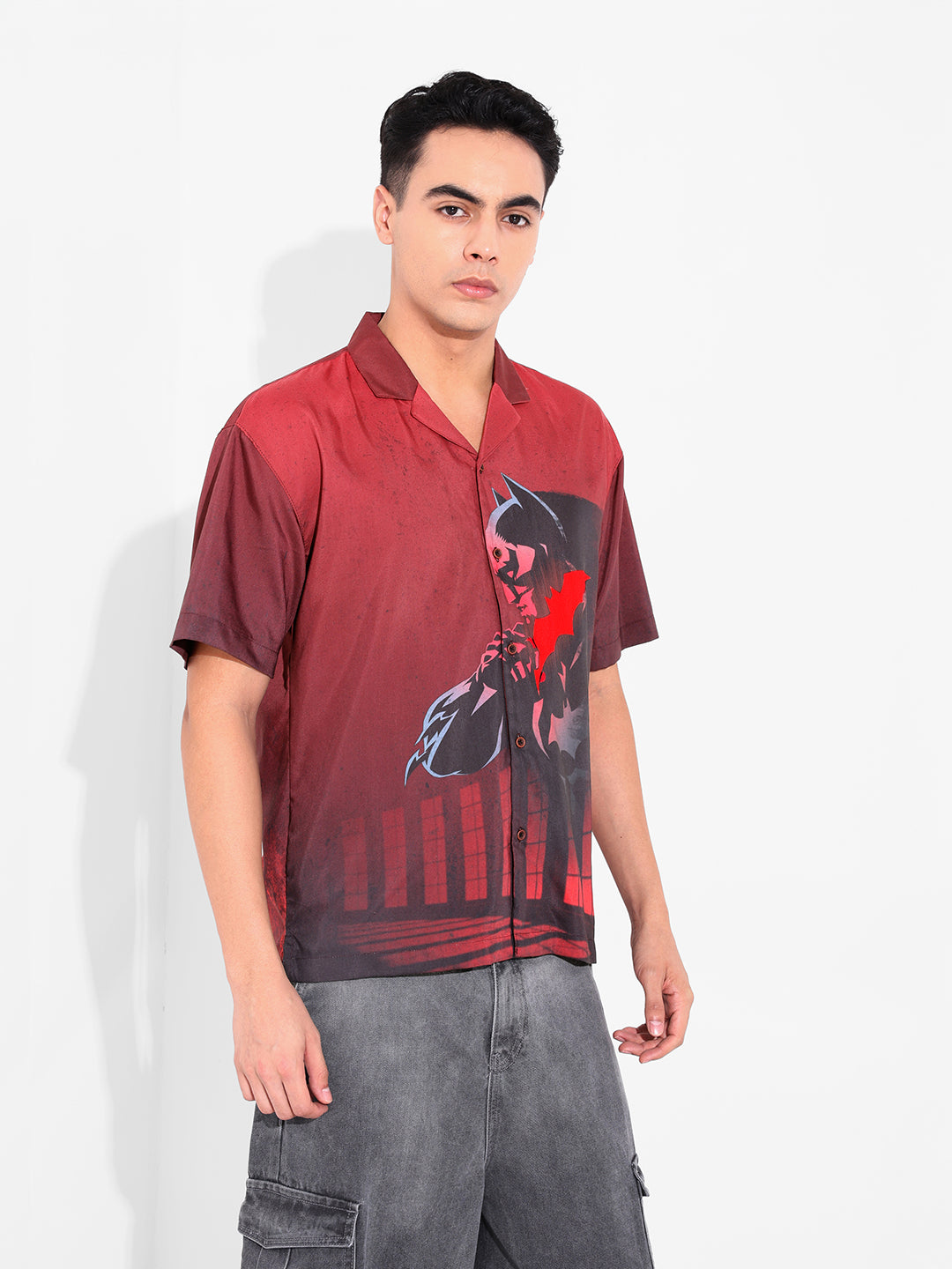 Men's Red Relaxed Fit Batman Character Printed Shirt
