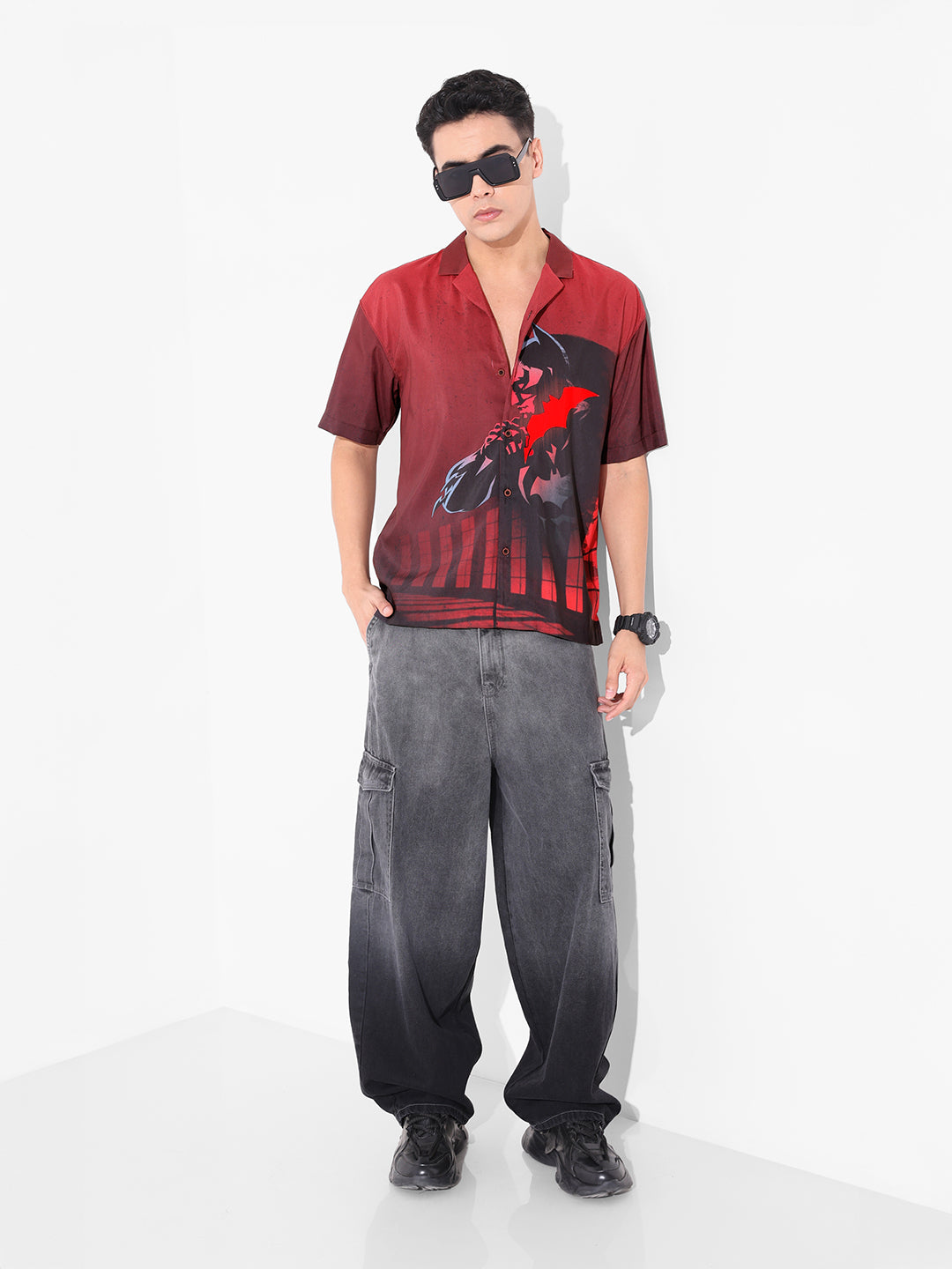 Men's Red Relaxed Fit Batman Character Printed Shirt