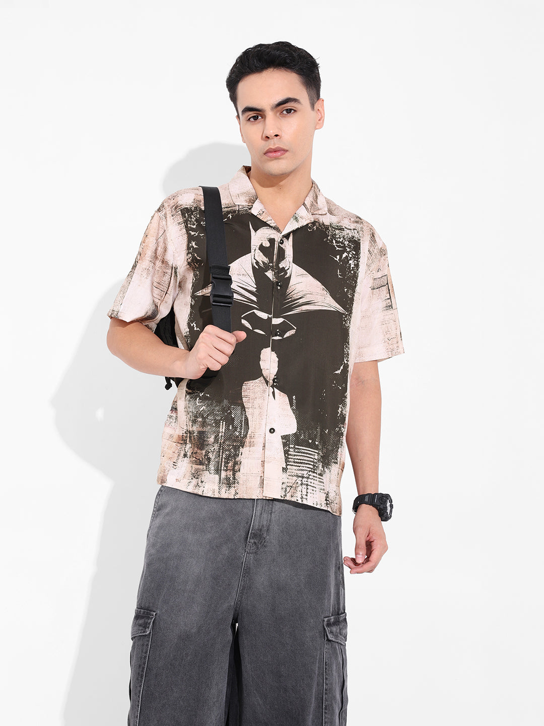 Men's Black Relaxed Fit Batman Character Printed Shirt