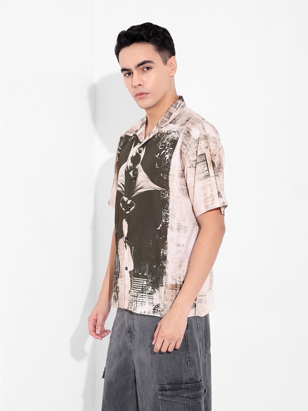 Men's Black Relaxed Fit Batman Character Printed Shirt