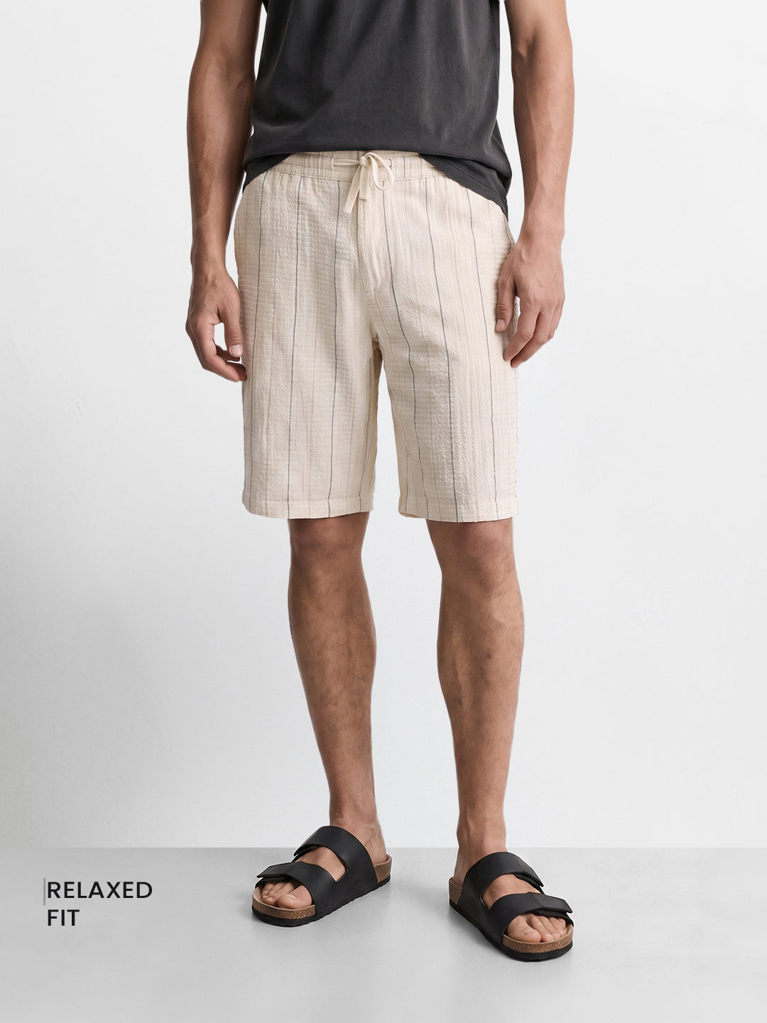 Men's Cream Relaxed Fit Striped Casual Shorts