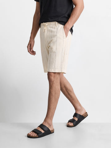 Men's Cream Relaxed Fit Vertical Stripes Casual Shorts