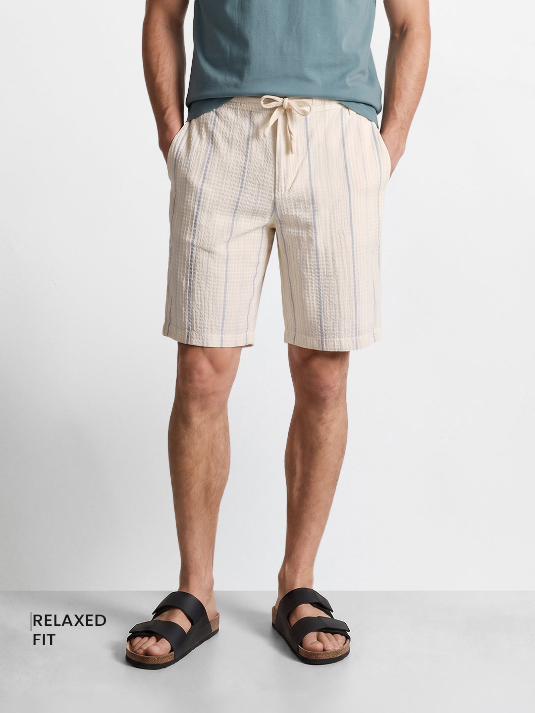 Men's Cream Relaxed Fit Striped Casual Shorts