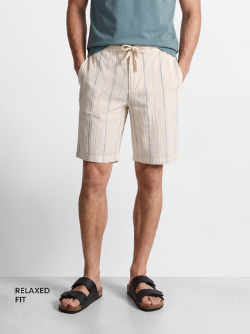 Men's Cream Relaxed Fit Vertical Stripes Casual Shorts