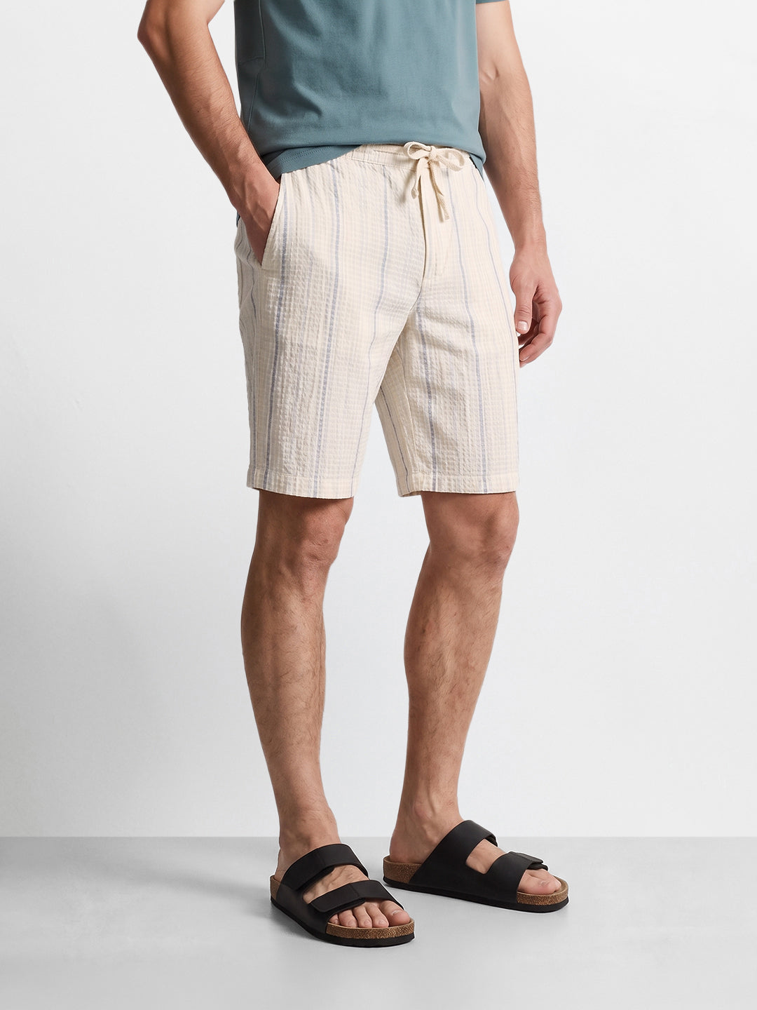 Men's Cream Relaxed Fit Striped Casual Shorts