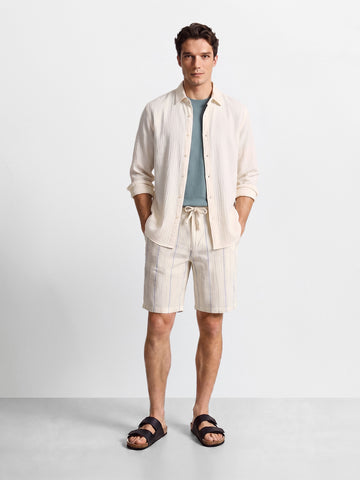 Men's Cream Relaxed Fit Vertical Stripes Casual Shorts