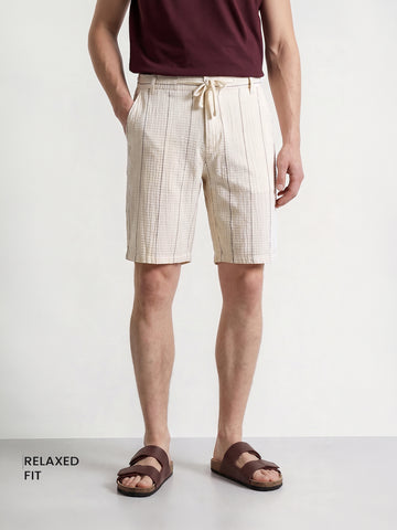 Men's Cream Relaxed Fit Vertical Stripes Casual Shorts