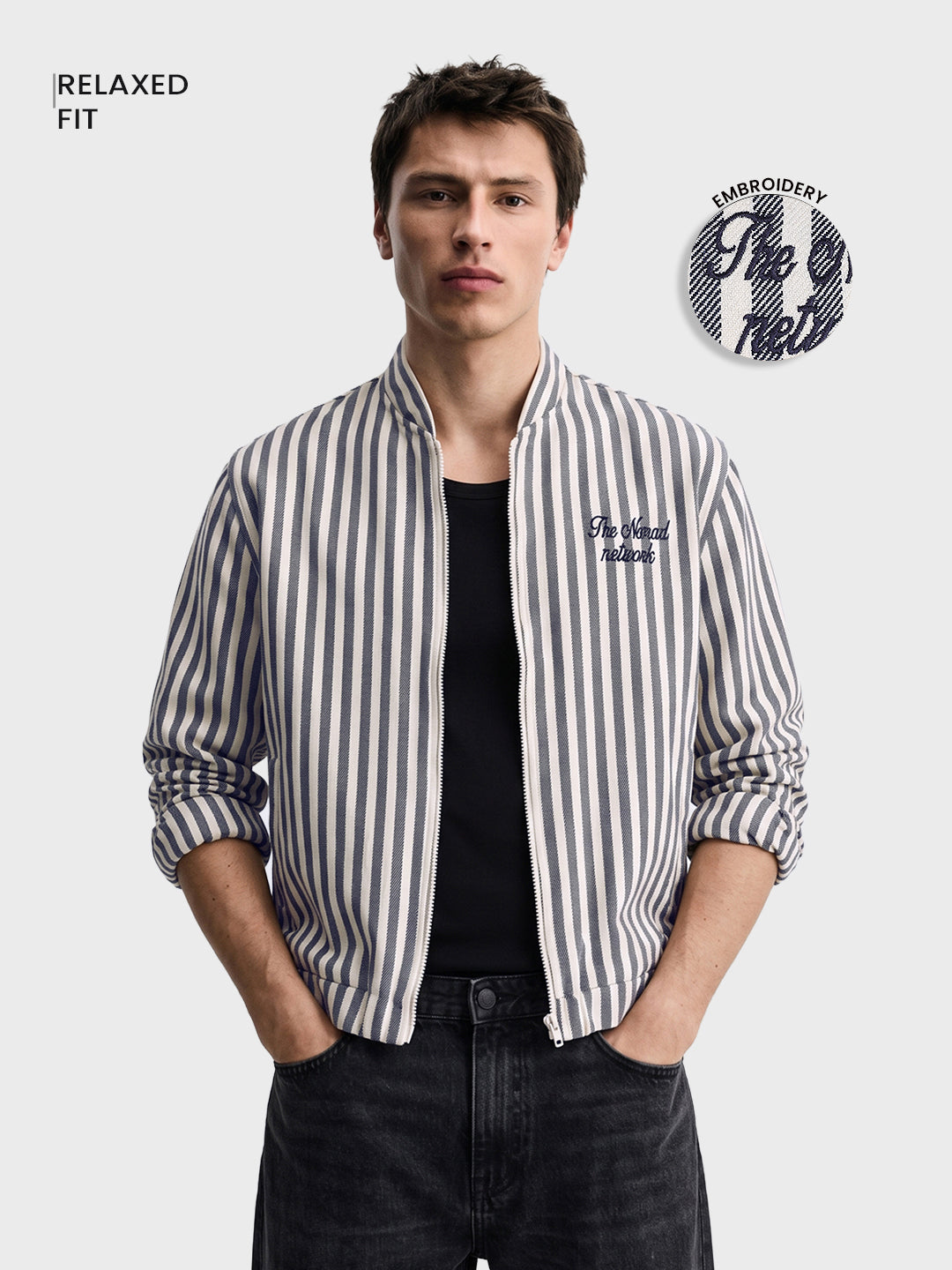 Men's Blue Relaxed Fit Vertical Stripes Casual Jacket