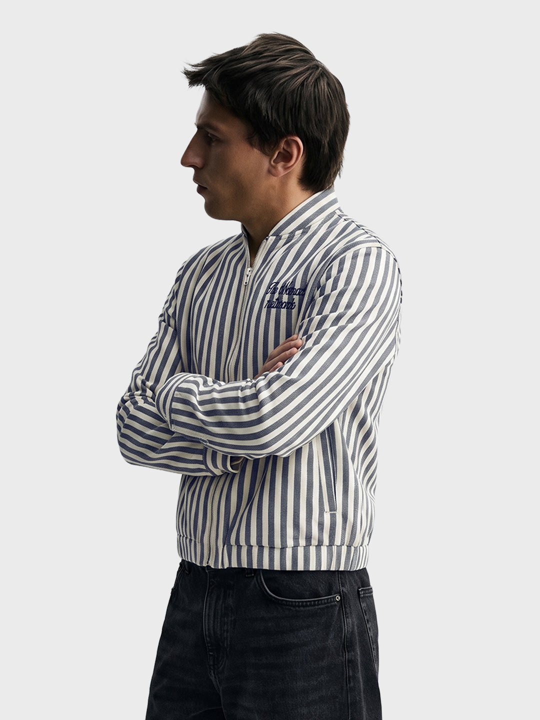 Men's Blue Relaxed Fit Vertical Stripes Casual Jacket