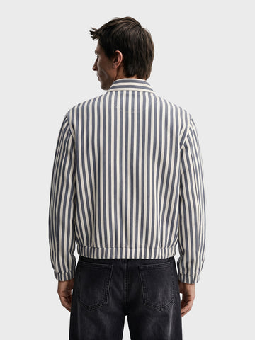 Men's Blue Relaxed Fit Vertical Stripes Casual Jacket