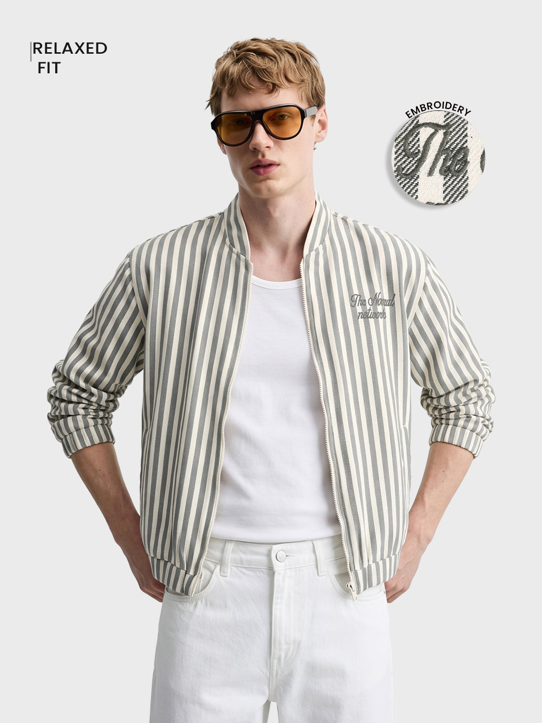 Men's Green Relaxed Fit Vertical Stripes Casual Jacket