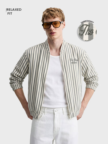 Men's Green Relaxed Fit Vertical Stripes Casual Jacket