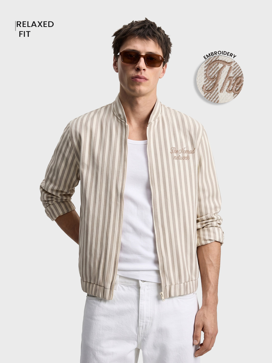 Men's Beige Relaxed Fit Vertical Stripes Casual Jacket