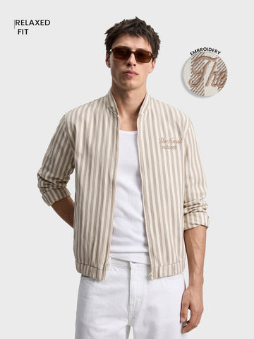 Men's Beige Relaxed Fit Vertical Stripes Casual Jacket