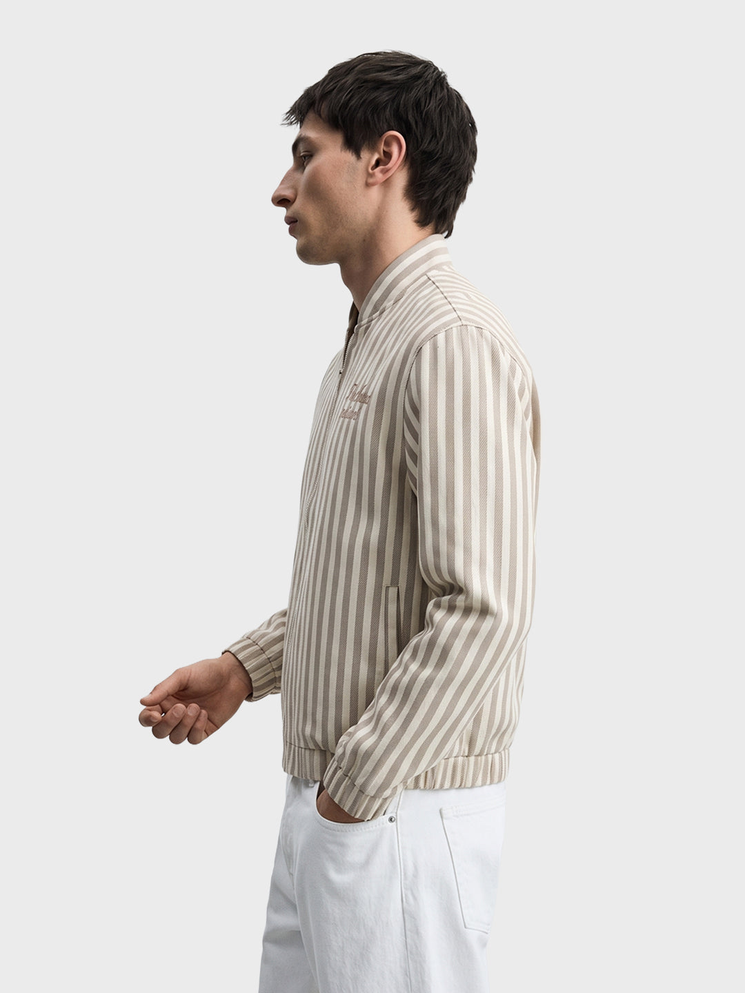 Men's Beige Relaxed Fit Vertical Stripes Casual Jacket