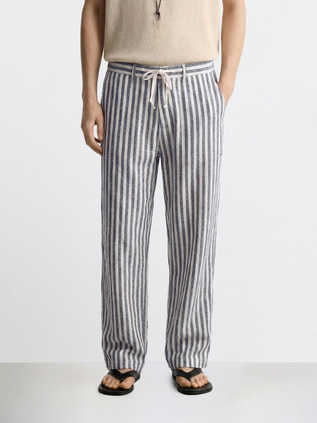 Men's Cream Loose Fit Vertical Stripes Casual Trousers
