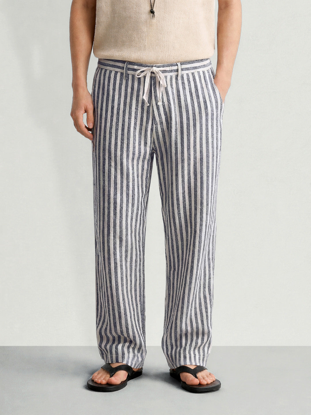 Men's Cream Loose Fit Vertical Stripes Casual Trousers