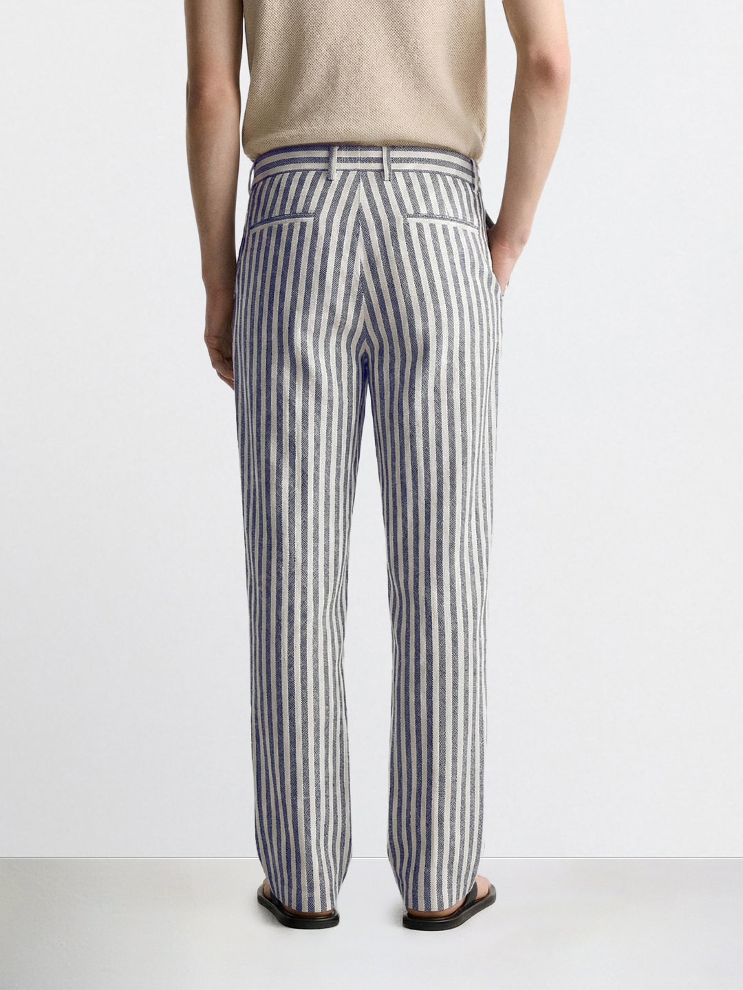 Men's Cream Loose Fit Vertical Stripes Casual Trousers
