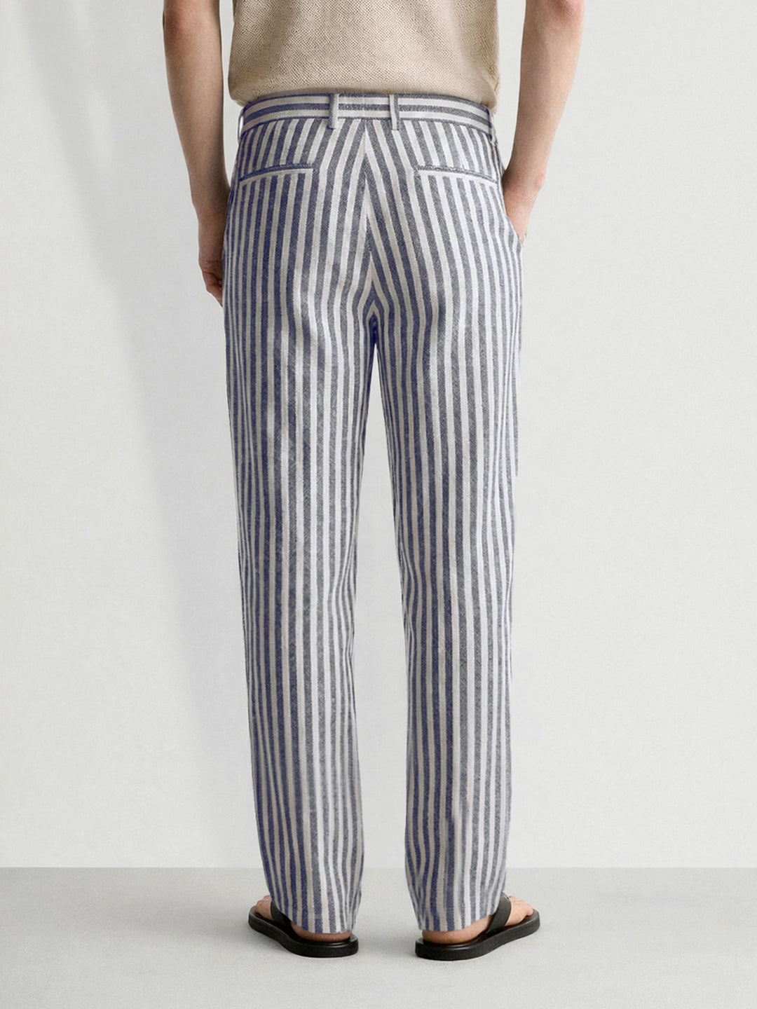 Men's Cream Loose Fit Vertical Stripes Casual Trousers
