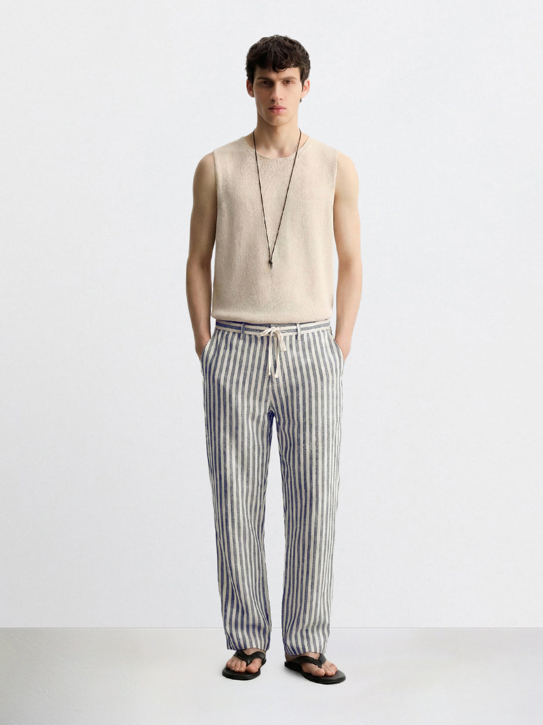 Men's Cream Loose Fit Vertical Stripes Casual Trousers