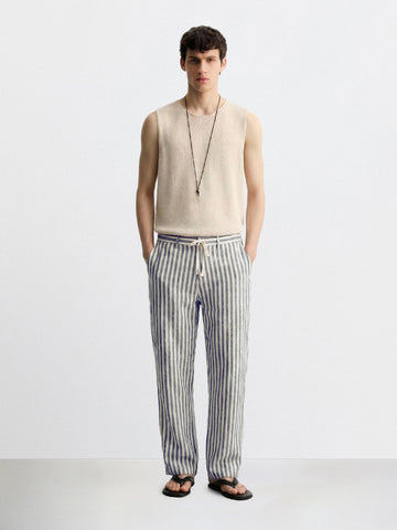 Men's Cream Loose Fit Vertical Stripes Casual Trousers