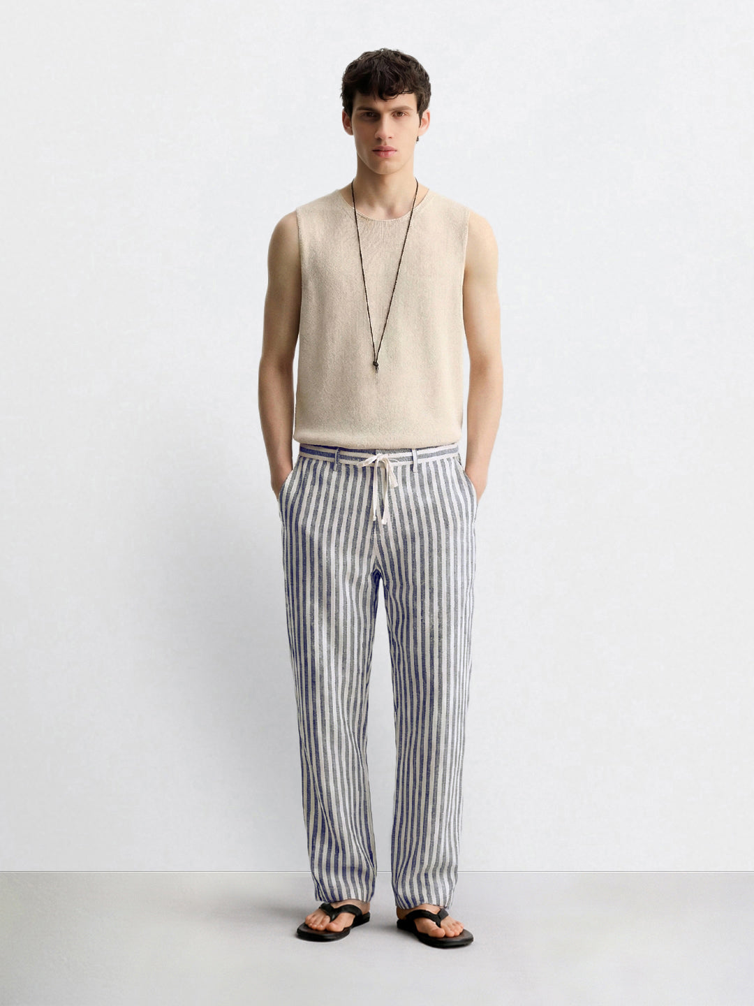 Men's Cream Loose Fit Vertical Stripes Casual Trousers