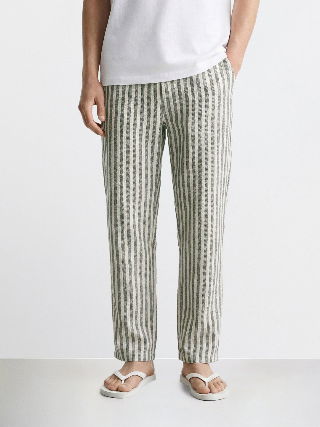 Men's Cream Loose Fit Vertical Stripes Casual Trousers