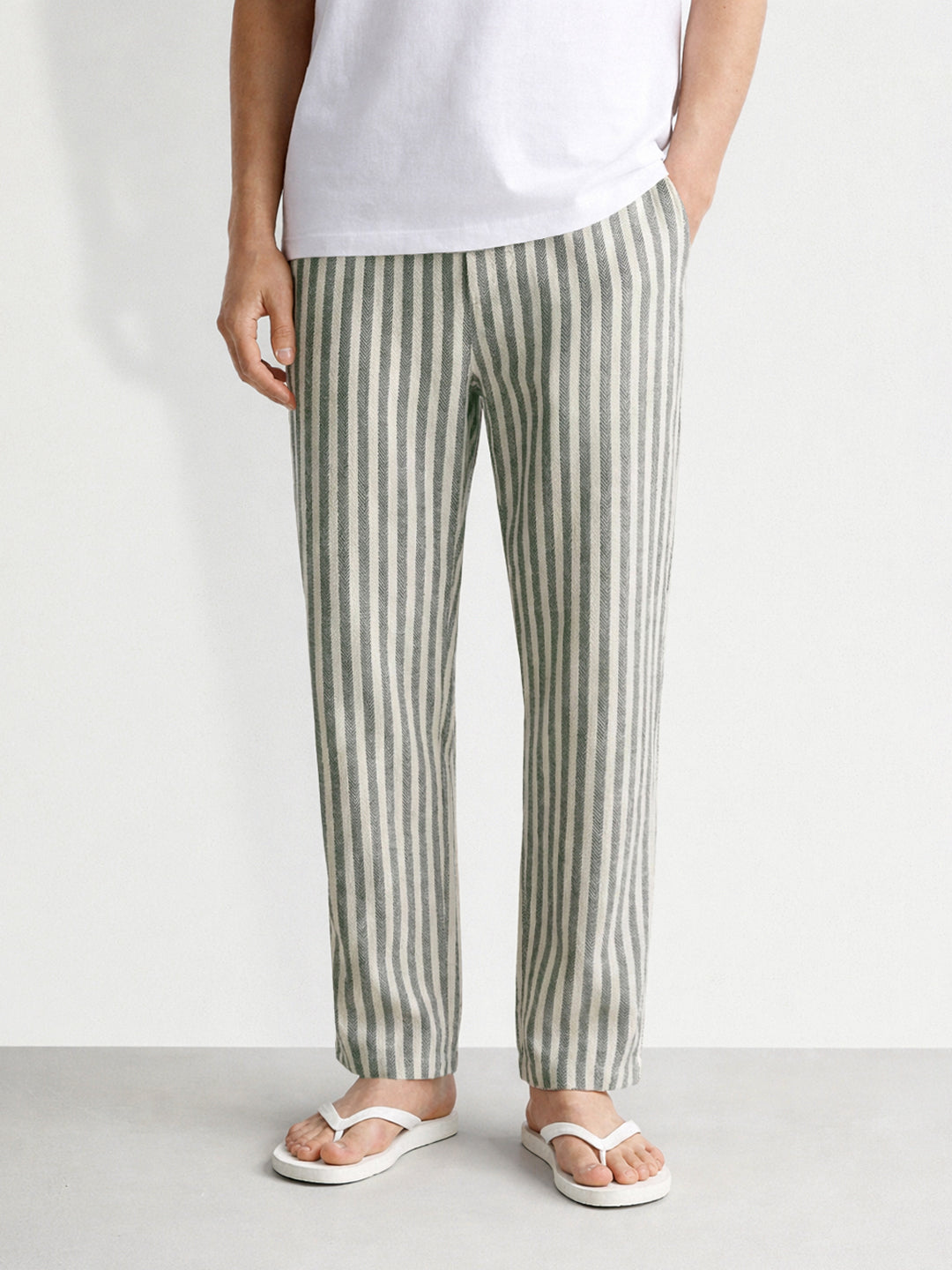 Men's Cream Loose Fit Vertical Stripes Casual Trousers
