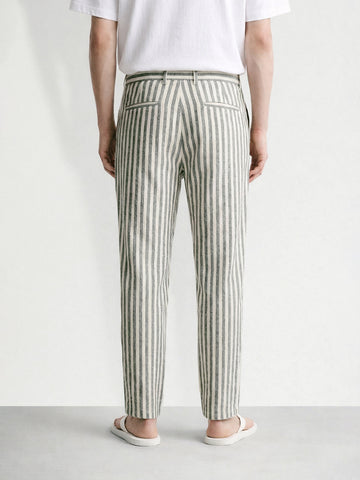 Men's Cream Loose Fit Vertical Stripes Casual Trousers