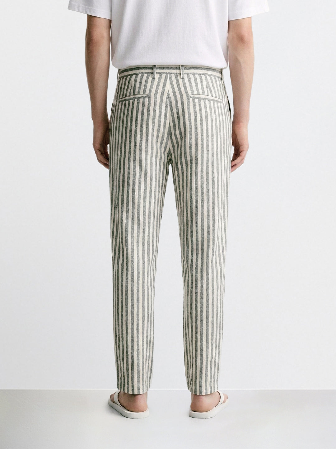 Men's Cream Loose Fit Vertical Stripes Casual Trousers