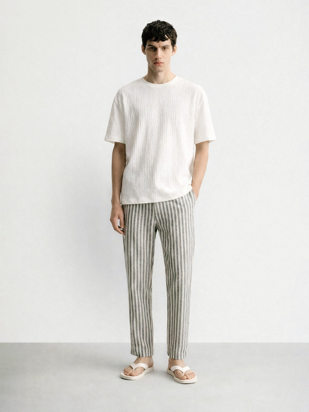 Men's Cream Loose Fit Vertical Stripes Casual Trousers