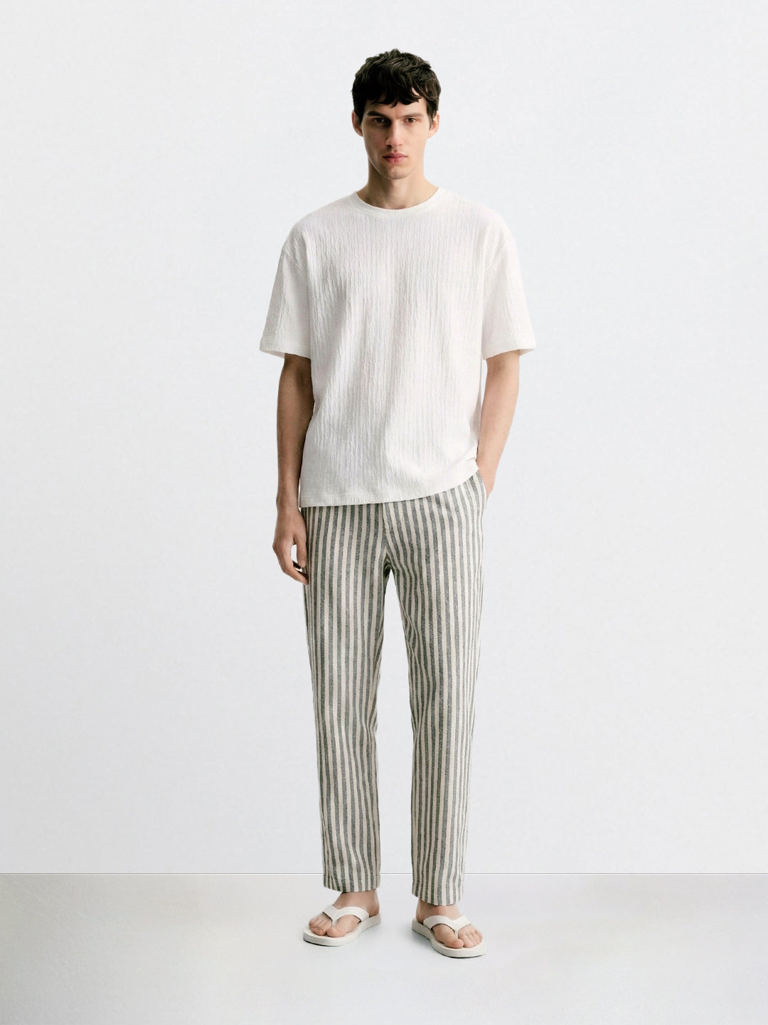 Men's Cream Loose Fit Vertical Stripes Casual Trousers