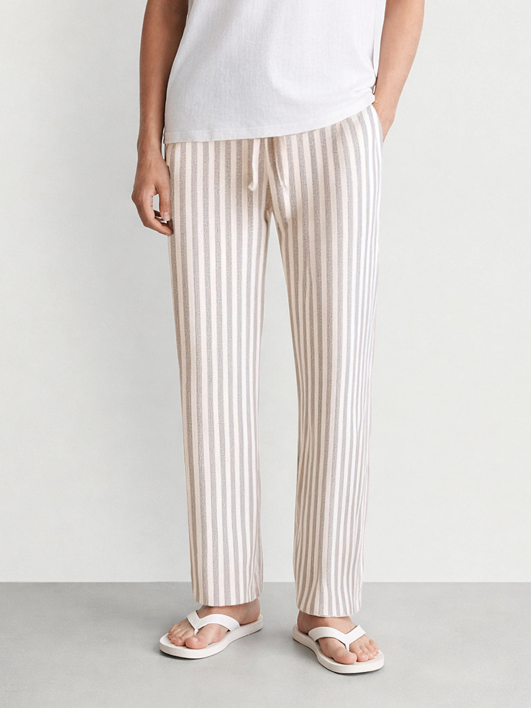 Men's Cream Loose Fit Vertical Stripes Casual Trousers