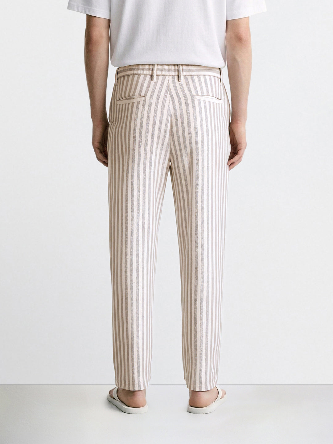 Men's Cream Loose Fit Vertical Stripes Casual Trousers