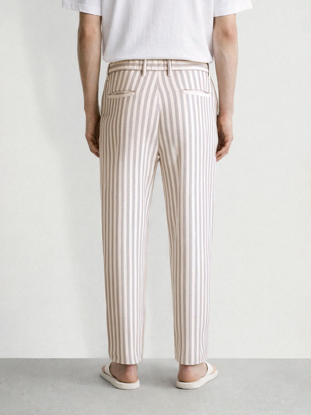 Men's Cream Loose Fit Vertical Stripes Casual Trousers