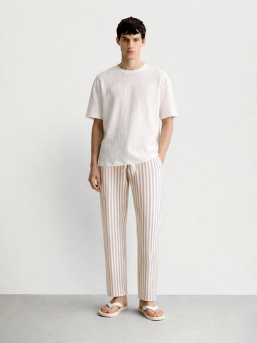 Men's Cream Loose Fit Vertical Stripes Casual Trousers