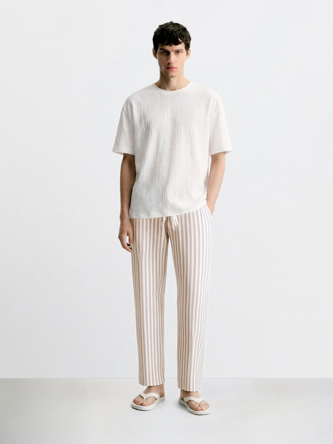 Men's Cream Loose Fit Vertical Stripes Casual Trousers