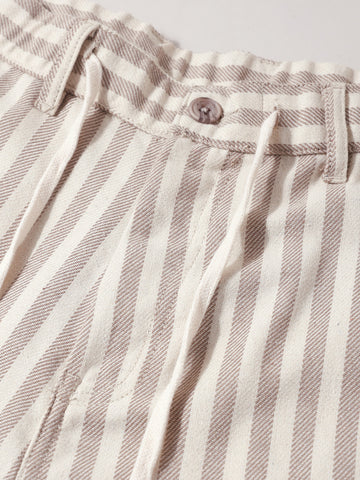 Men's Cream Loose Fit Vertical Stripes Casual Trousers