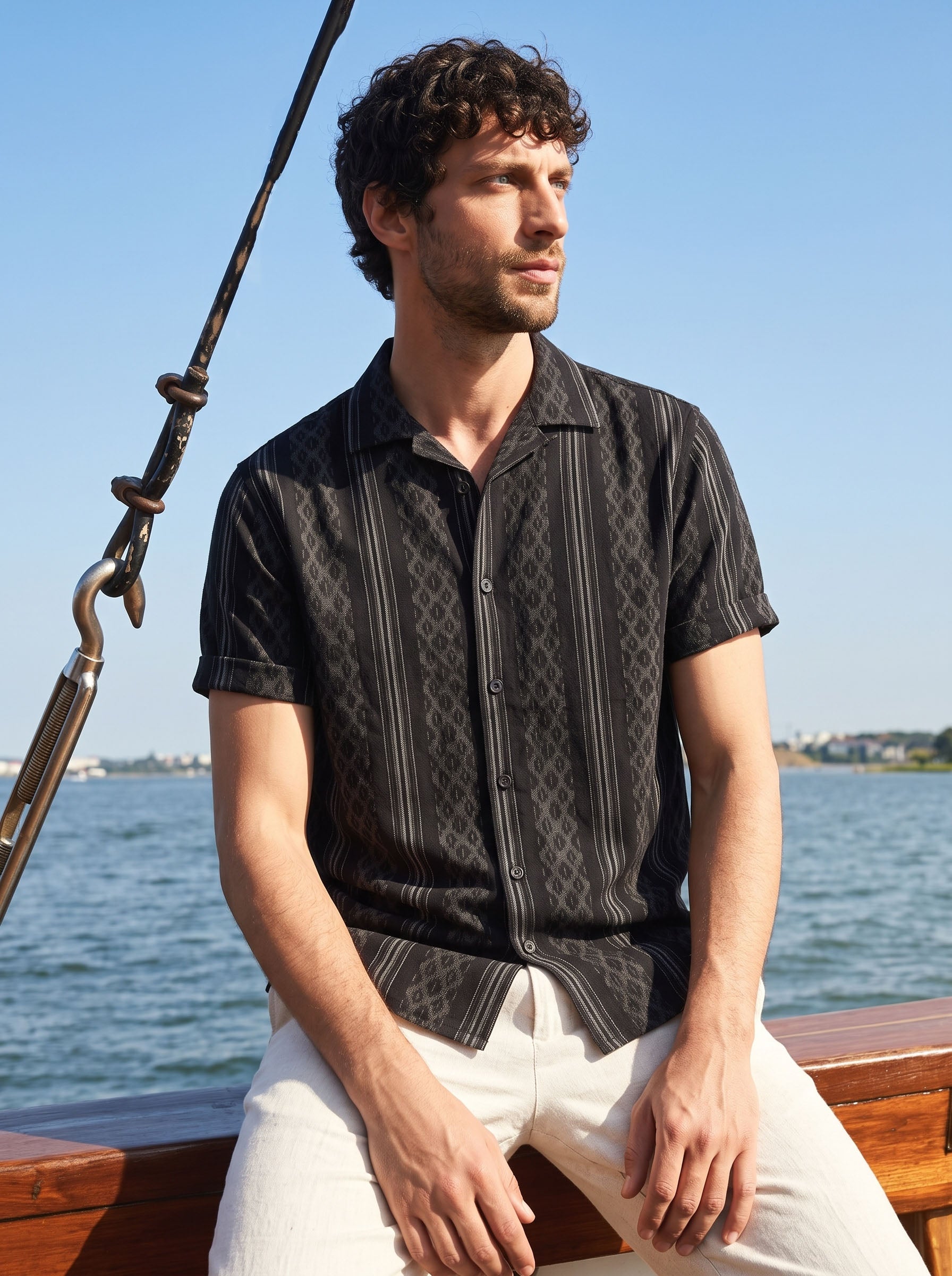 Men's Black Relaxed Fit Striped Resort Wear Shirt