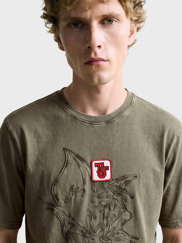 Men's Olive Relaxed Fit Graphic Printed Character Street Wear T-Shirt