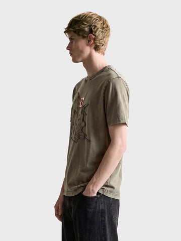 Men's Olive Relaxed Fit Graphic Printed Character Street Wear T-Shirt