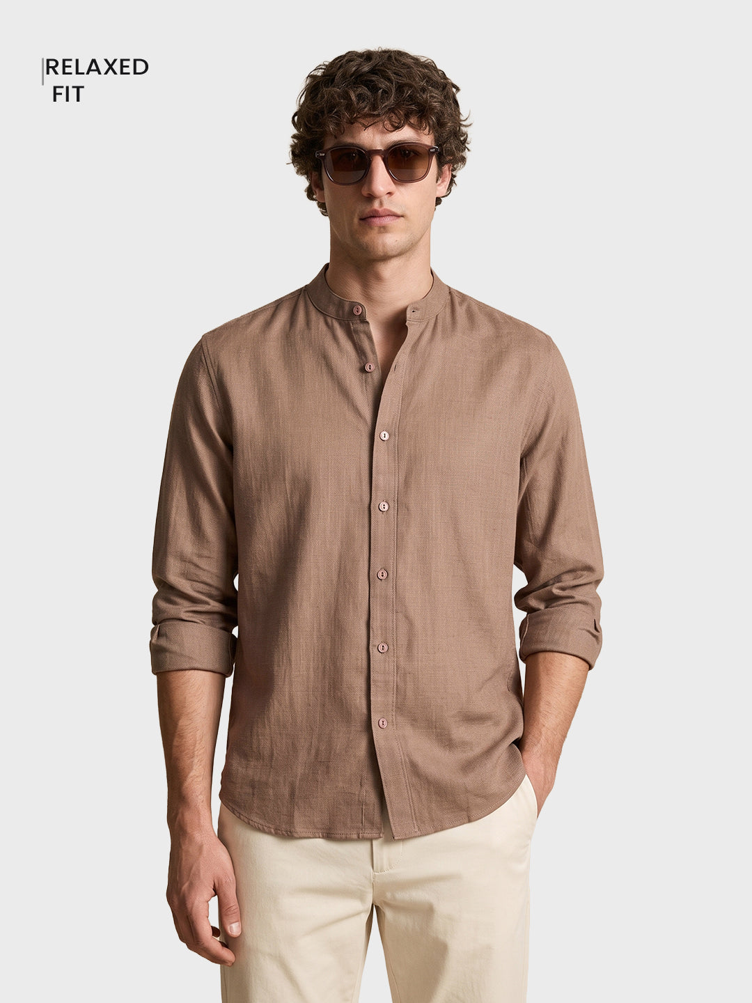 Men's Khaki Relaxed Fit Solid Casual Shirt
