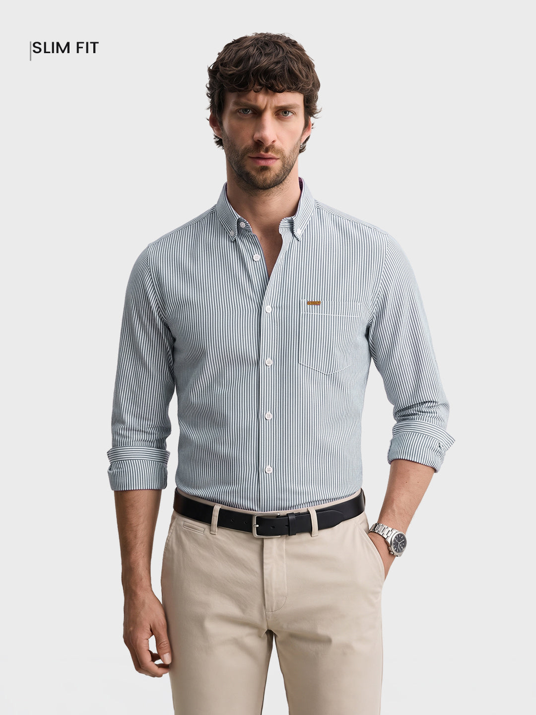 Men's Green Slim Fit Striped Casual Shirt
