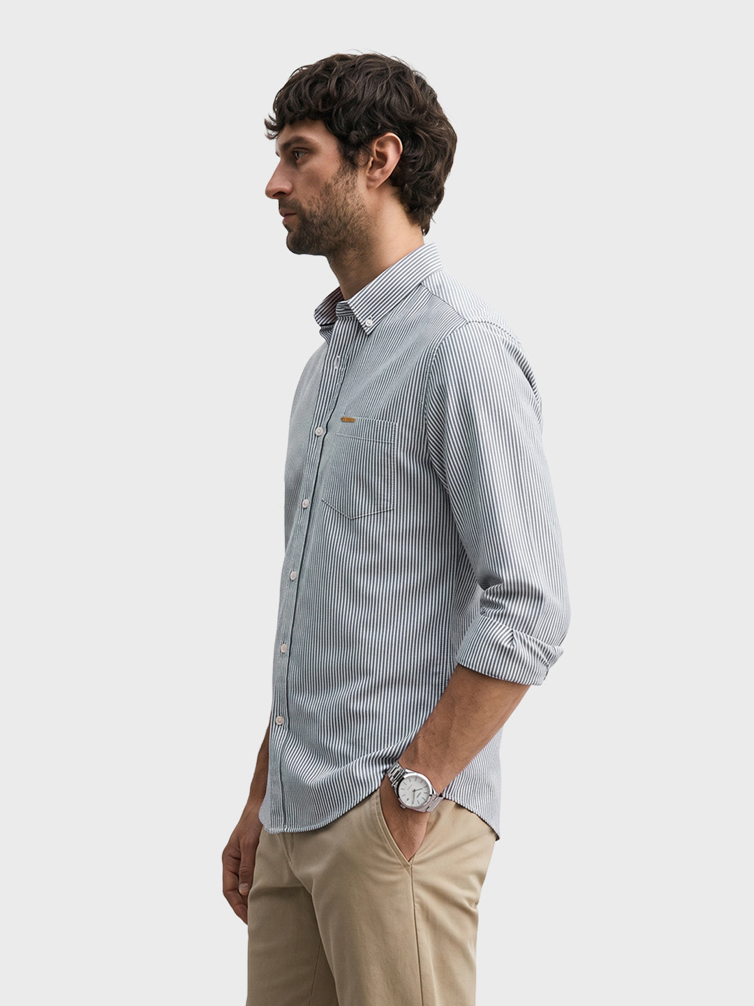 Men's Green Slim Fit Striped Casual Shirt