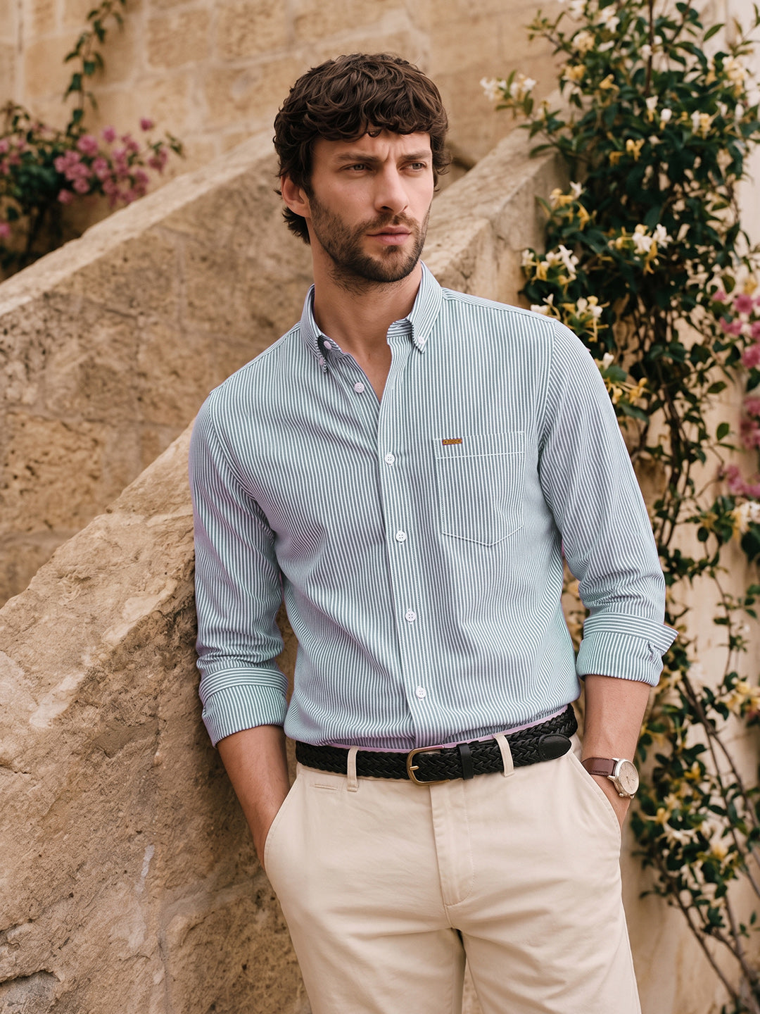 Men's Green Slim Fit Striped Casual Shirt