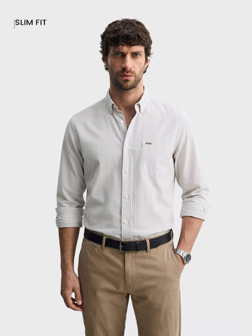 Men's Beige Slim Fit Striped Casual Shirt