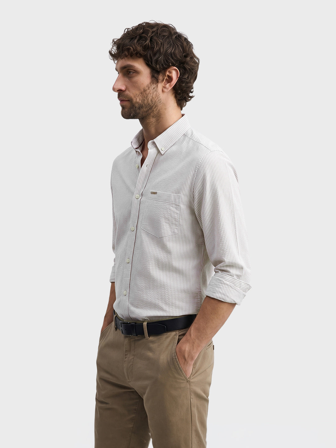 Men's Beige Slim Fit Striped Casual Shirt