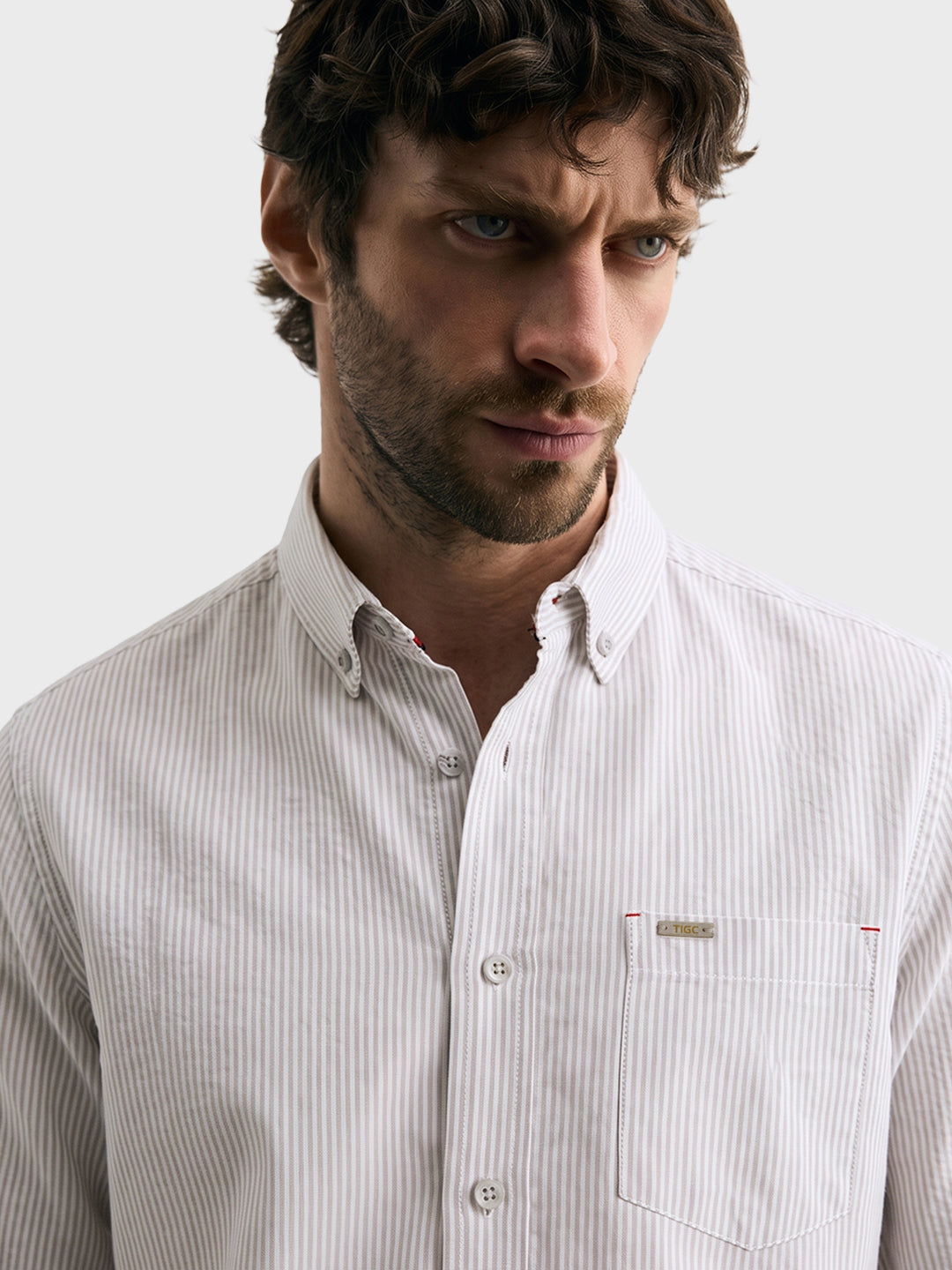 Men's Beige Slim Fit Striped Casual Shirt