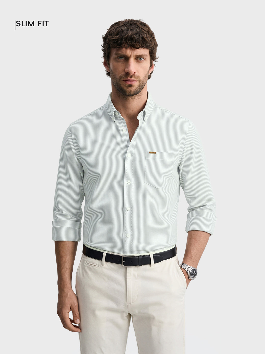 Men's Green Slim Fit Striped Casual Shirt